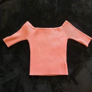 Light pink ribbed off-the-shoulder slight crop top